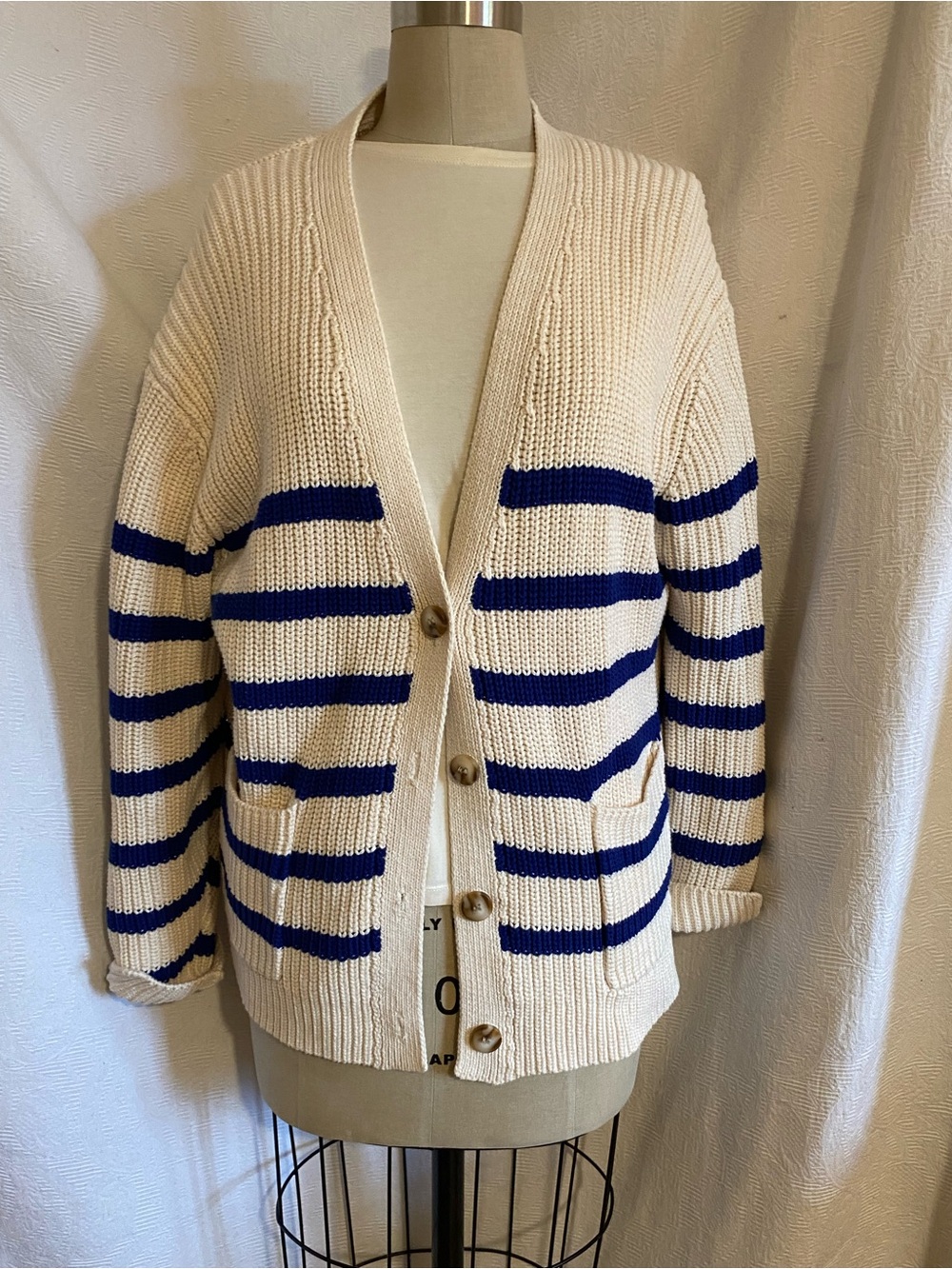 Line chunky pure cotton cream/blue cardigan